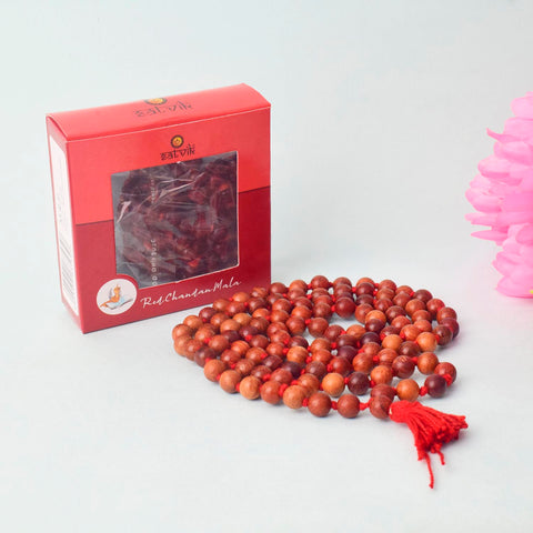Regular Red Sandalwood (Chandan) Lal Jap Mala with 108+1 beads, made from high-quality red sandalwood, ideal for daily prayers, meditation, and spiritual practices. India’s Largest Pooja Accessories Brand – www.satvikworld.com