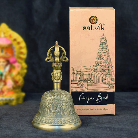 The Tibetan Buddhist devotional bell with intricate carvings, symbolizing spiritual harmony and used during meditation, rituals, and chanting practices. India’s Largest Pooja Accessories Brand – www.satvikworld.com

