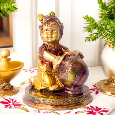 Handcrafted Brass Bal Gopal Makhan Chor Statue – Exquisite Brass Idol of Lord Krishna as a Child, Depicting the Divine Makhan Chor, Symbolizing Mischief, Innocence, and Divine Love. Handcrafted with Intricate Detailing, Perfect for Temple, Home Decor, and Spiritual Worship. Ideal for Puja, Mandir Decoration, and Bringing Blessings of Joy, Prosperity, and Divine Grace to Your Space | India’s Largest Pooja Accessories Brand – www.satvikworld.com