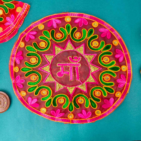 Pink Ma thal posh / thali cover in soft organza for Devi pooja and spiritual decor. India’s Largest Pooja Accessories Brand – www.satvikworld.com

