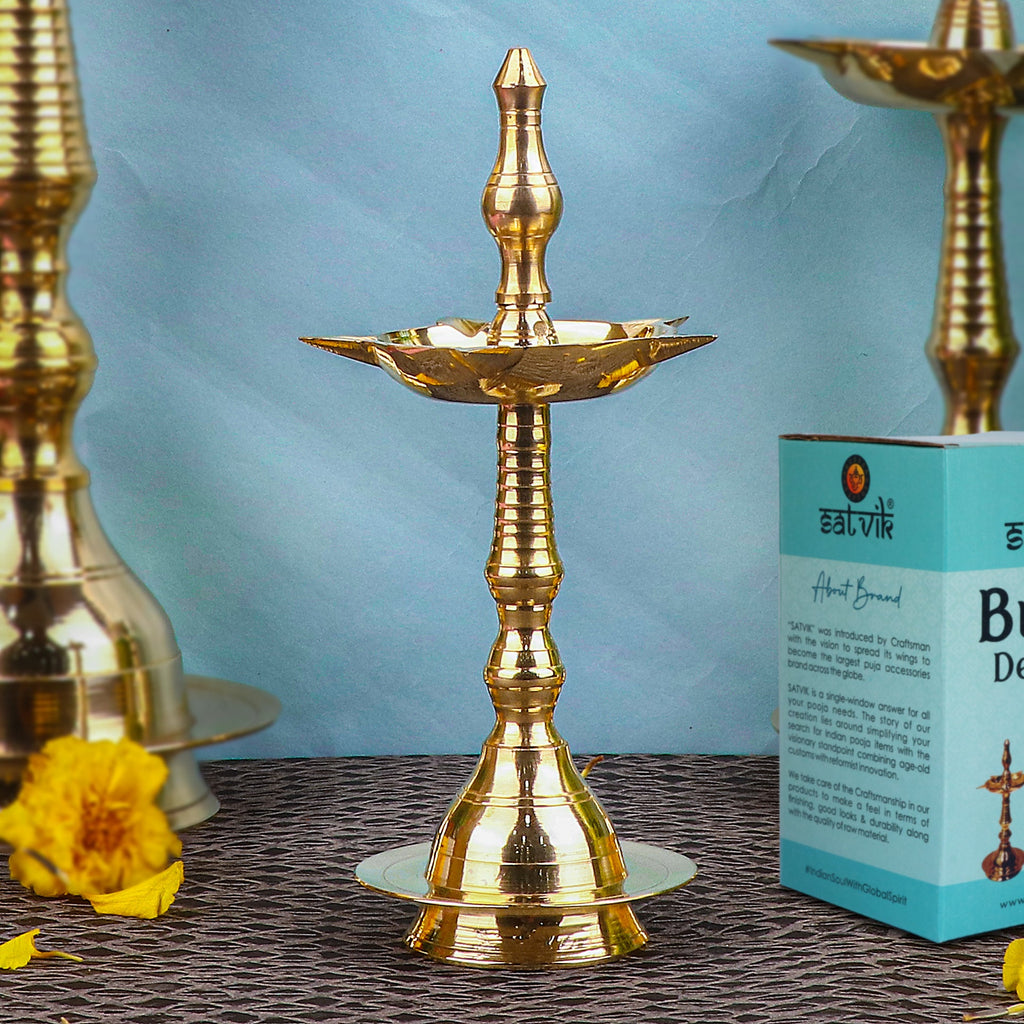 10 Inch Beautiful Brass Kerala Inauguration Diya – Elegant brass diya, perfect for inaugurations, pooja ceremonies, and home decor. India’s Largest Pooja Accessories Brand – www.satvikstore.in