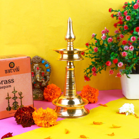 10 Inch Small Brass Kerala Diya AKP NilaVilakku Deepam – Classic brass diya, ideal for pooja ceremonies and spiritual rituals. India’s Largest Pooja Accessories Brand – www.satvikstore.in