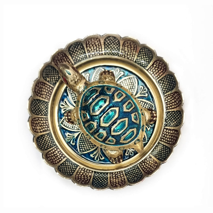Brass Colored Turtle with Nakashi Plate/Tray Puja Store Online Pooja Items Online Puja Samagri Pooja Store near me www.satvikstore.in