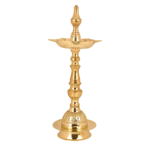 9.5 Inch Embossed Kalash Kerala Brass Diya – Beautifully embossed kalash design brass diya, perfect for pooja ceremonies and festive celebrations. India’s Largest Pooja Accessories Brand – www.satvikstore.in