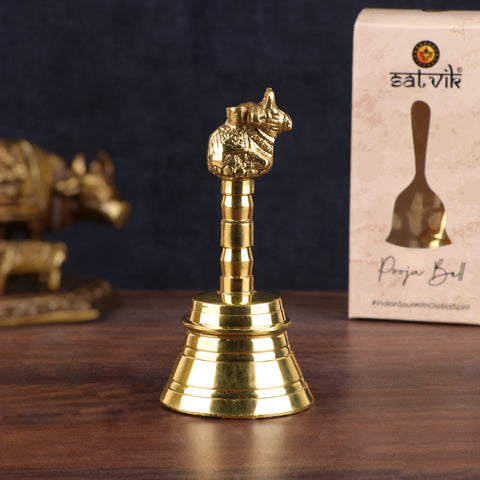 Beautifully crafted Nandi brass puja bell with intricate embossing of Nandi Ji, ideal for temple rituals, daily worship, and aarti ceremonies. India’s Largest Pooja Accessories Brand – www.satvikworld.com