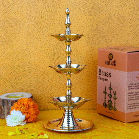 Brass 3 Step Kerala Inauguration Diya – Traditional multi-tier brass lamp ideal for pooja rituals and inaugurations, crafted to bring divine light and elegance. India’s Largest Pooja Accessories Brand – www.satvikstore.in