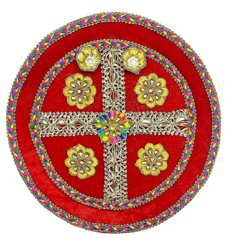 Designer red velvet pooja thali with decorative embellishments perfect for traditional Hindu rituals and festive ceremonies India’s Largest Pooja Accessories Brand – www.satvikworld.com

