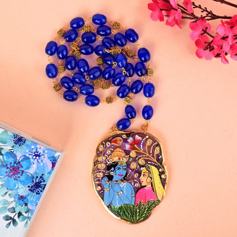 Hand Painted Agate Radha Krishna Necklace featuring divine artwork and spiritual elegance India’s Largest Pooja Accessories Brand – www.satvikworld.com