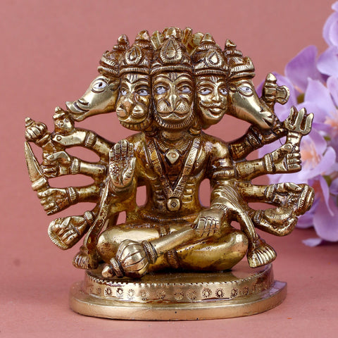 Brass Panchmukhi Hanuman statue, depicting Lord Hanuman with five faces, symbolizing divine strength, protection, and blessings. Ideal for pooja rooms and spiritual spaces. India’s Largest Pooja Accessories Brand – www.satvikworld.com