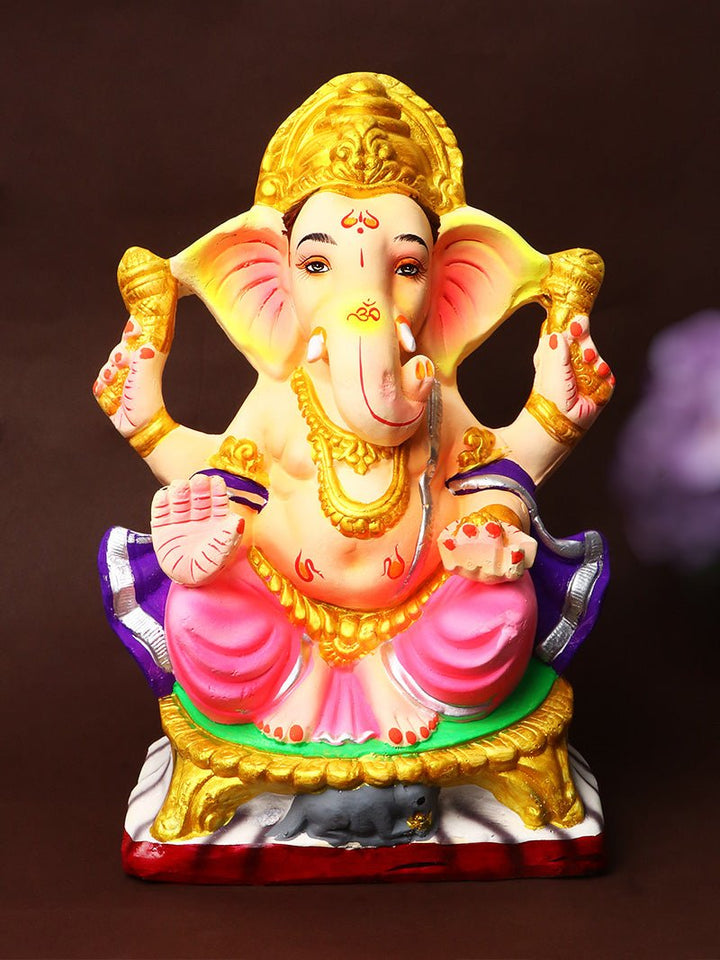 11.5 Inch Manglamurti Ganesha Idol in Gajanan Pose made from eco-friendly Shadu clay with traditional handcrafted detailing. India’s Largest Pooja Accessories Brand – www.satvikworld.com