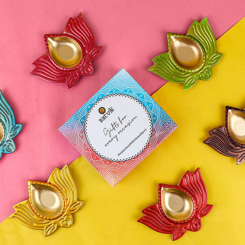 Multicolor Lotus Shape Diya – A vibrant, artistically designed diya in the shape of a lotus flower with multicolored petals, perfect for festive decor and traditional pooja rituals. India’s Largest Pooja Accessories Brand – www.satvikworld.com
