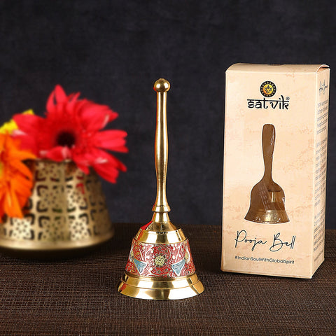 Riveting brass puja bell/ghanti with intricate detailing and a rich golden finish, perfect for temple rituals, daily aarti, and spiritual decor. India’s Largest Pooja Accessories Brand – www.satvikworld.com