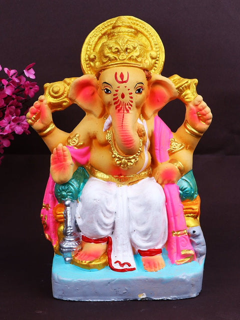 8.5 Inch Tarun Eco-Friendly Ganpati idol in regal Raja pose, handcrafted from natural Shadu clay with vibrant eco-safe detailing. India’s Largest Pooja Accessories Brand – www.satvikworld.com