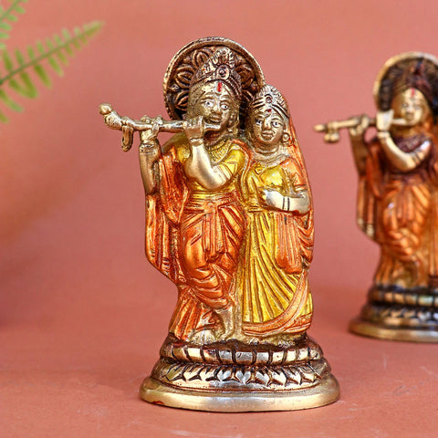 Brass small Radha Krishna idol, beautifully crafted to portray the divine love and harmony of Radha and Krishna. Ideal for home temples, gifting, or as a spiritual décor piece. India’s Largest Pooja Accessories Brand – www.satvikworld.com