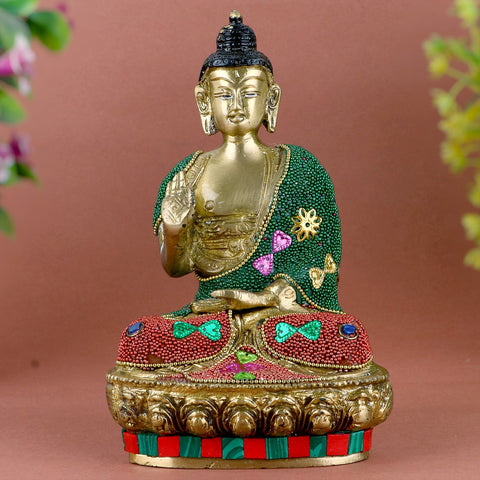 Decorated Brass Buddha Idol – Elegant Brass Statue of Lord Buddha, Symbolizing Peace, Enlightenment, and Tranquility. Handcrafted with Intricate Detailing and Decorative Elements, Perfect for Temple, Home Decor, and Meditation Spaces. Ideal for Spiritual Worship, Puja, and Mandir Decoration, Bringing Calmness and Divine Energy to Your Home | India’s Largest Pooja Accessories Brand – www.satvikworld.com