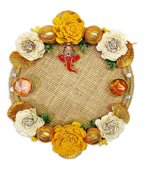 Eco-friendly floral jute designer puja thali with elegant decorative elements for traditional rituals India’s Largest Pooja Accessories Brand – www.satvikworld.com